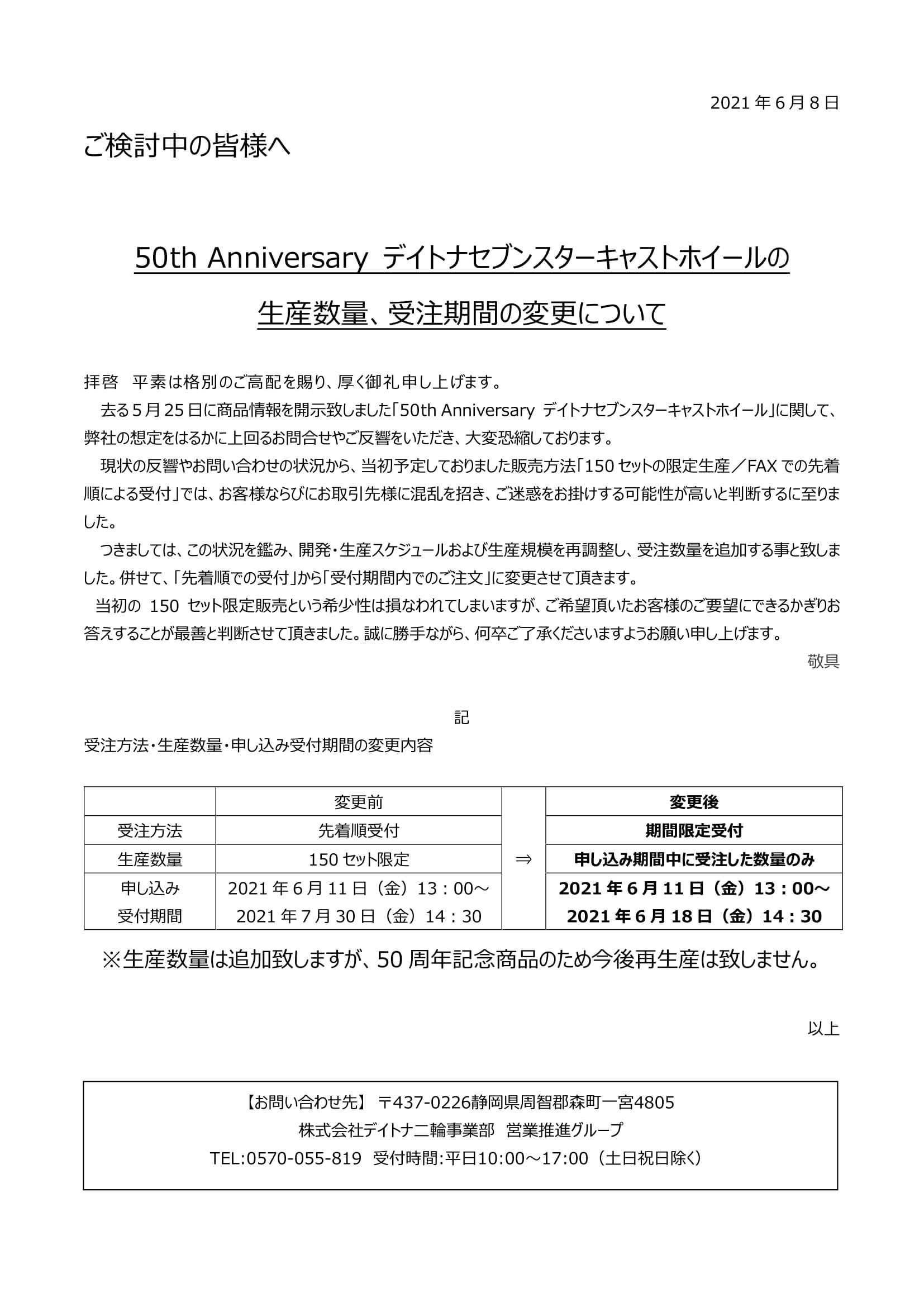 デイトナ 50thAnniversary セブンスターキャストホイル生産数量、受注 